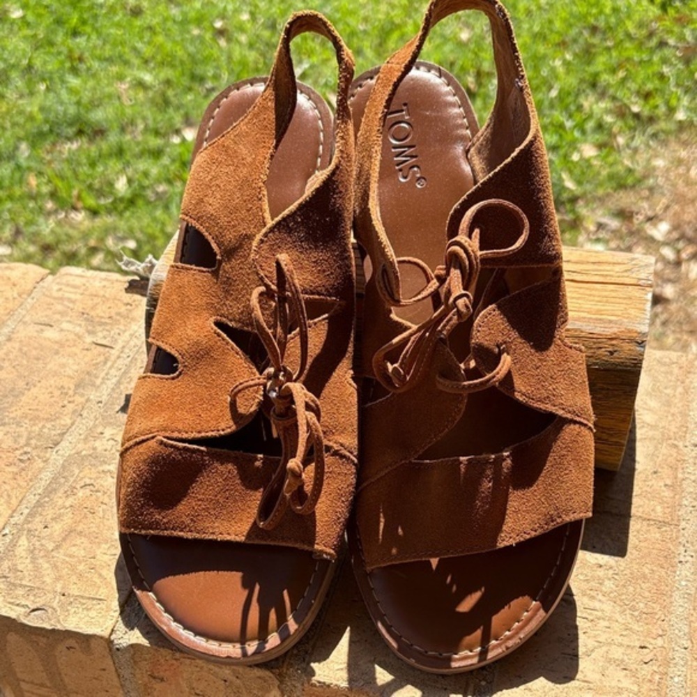 TOMS Tan Suede Lace-Up Slingback Sandals